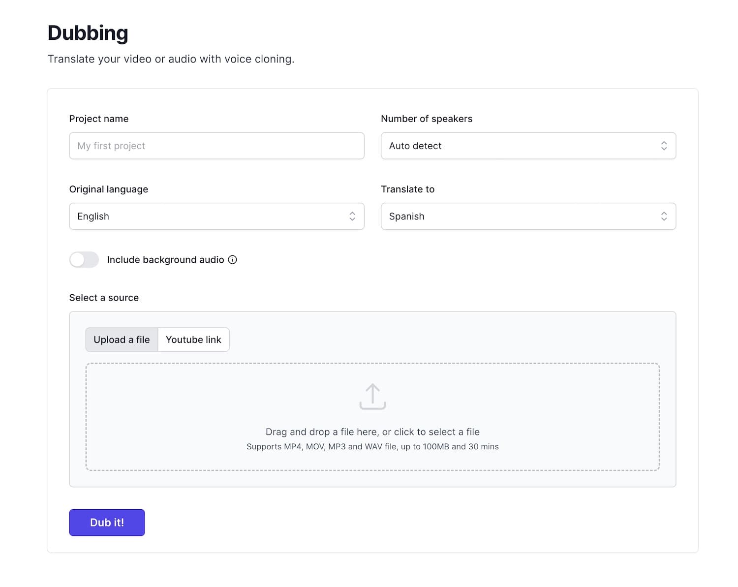 Dub AI project interface showing language and speaker controls